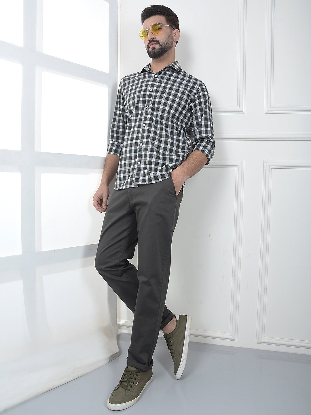 Olive Checked 100% Cotton Shirt
