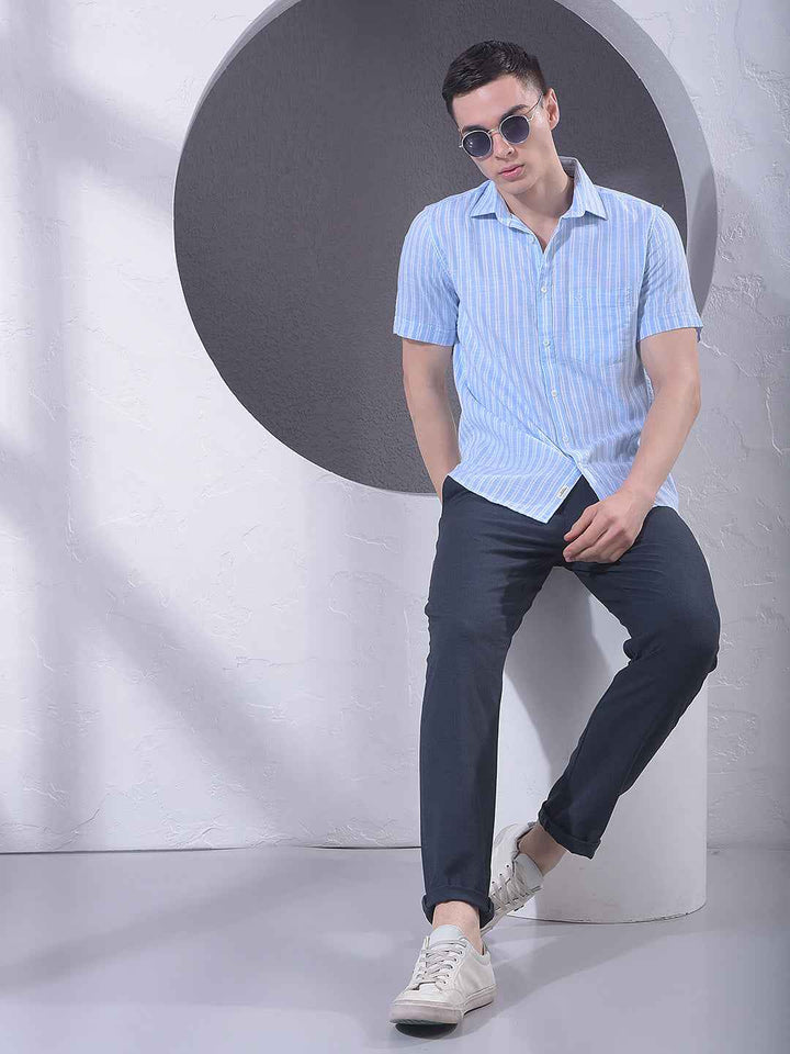 Blue Vertical Striped 100% Cotton Shirt