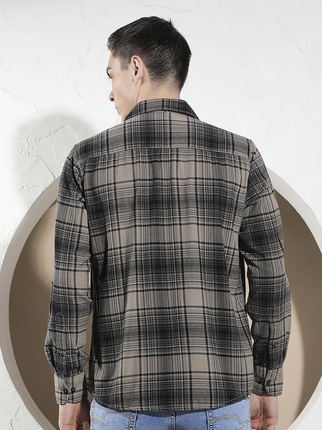 Grey Checked 100% Cotton Corduroy Shirt