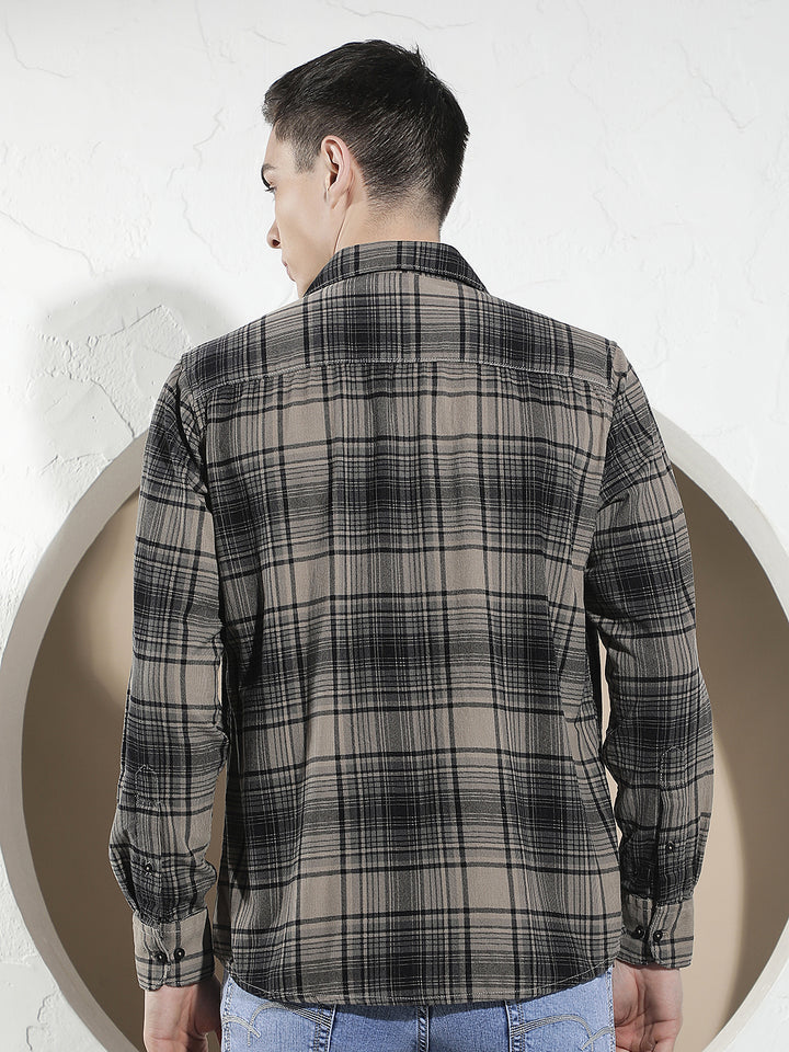 Grey Checked 100% Cotton Corduroy Shirt