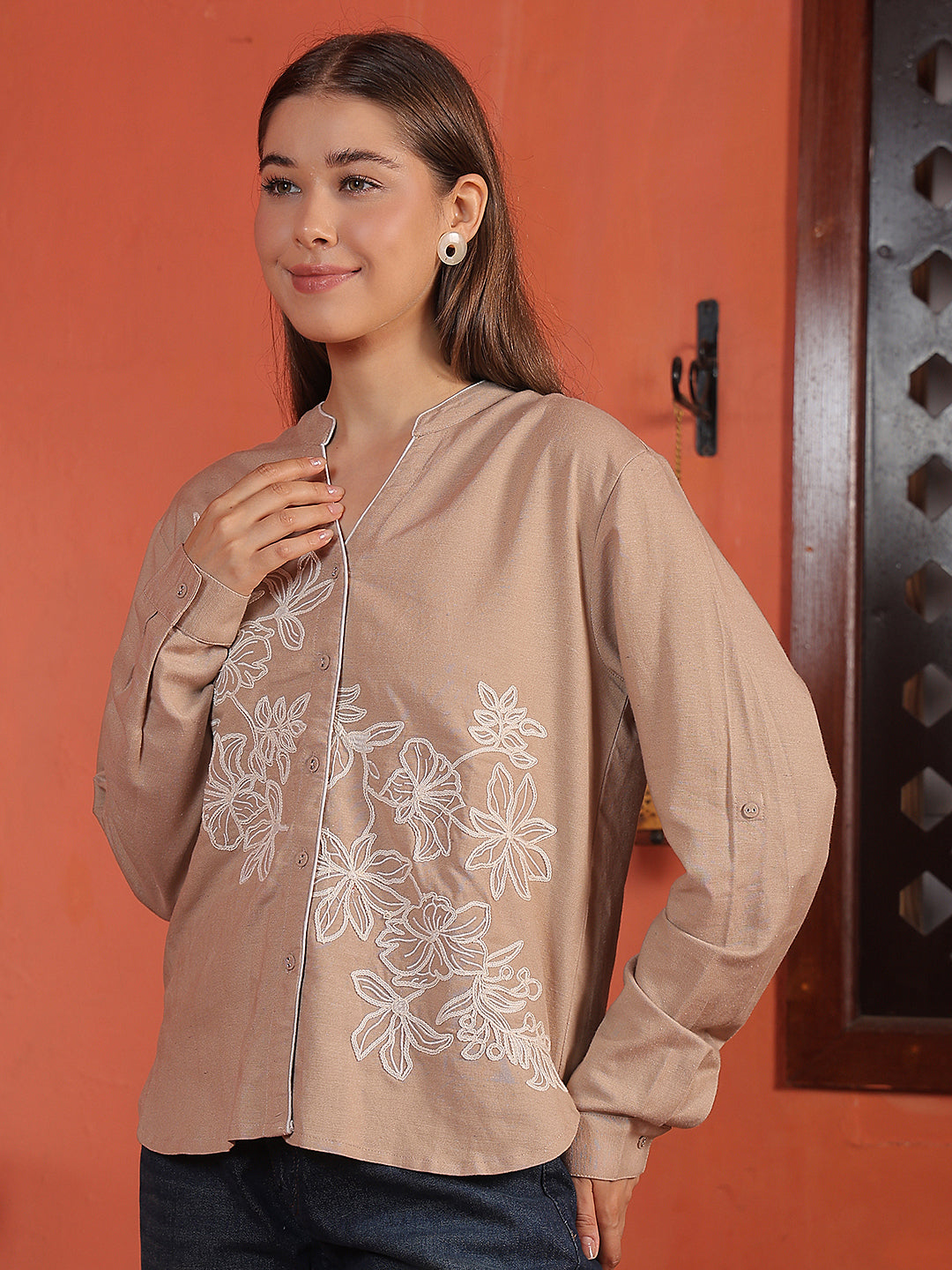 Beige Floral Embroidered V-Neck Shirt