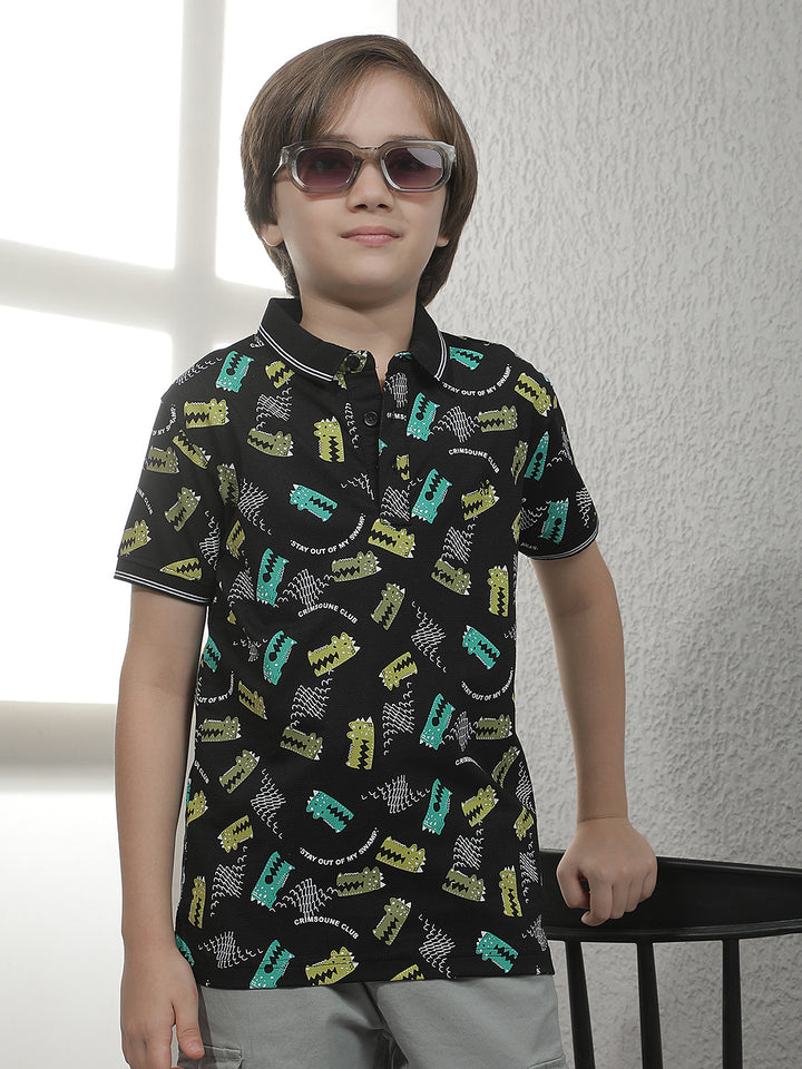 Black Abstract Print Polo T-Shirt