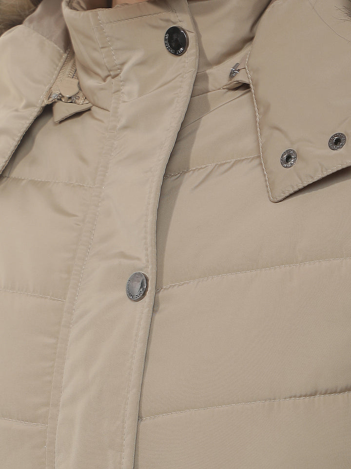 Beige Fur-Trim Hooded Puffer Jacket