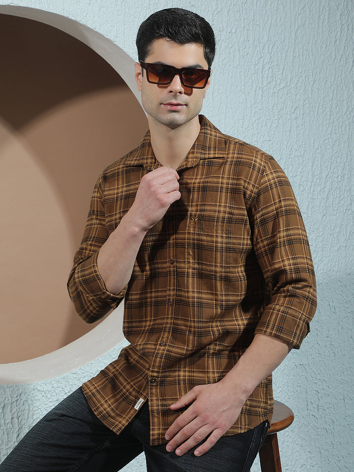 Brown Checked 100% Cotton Shirt