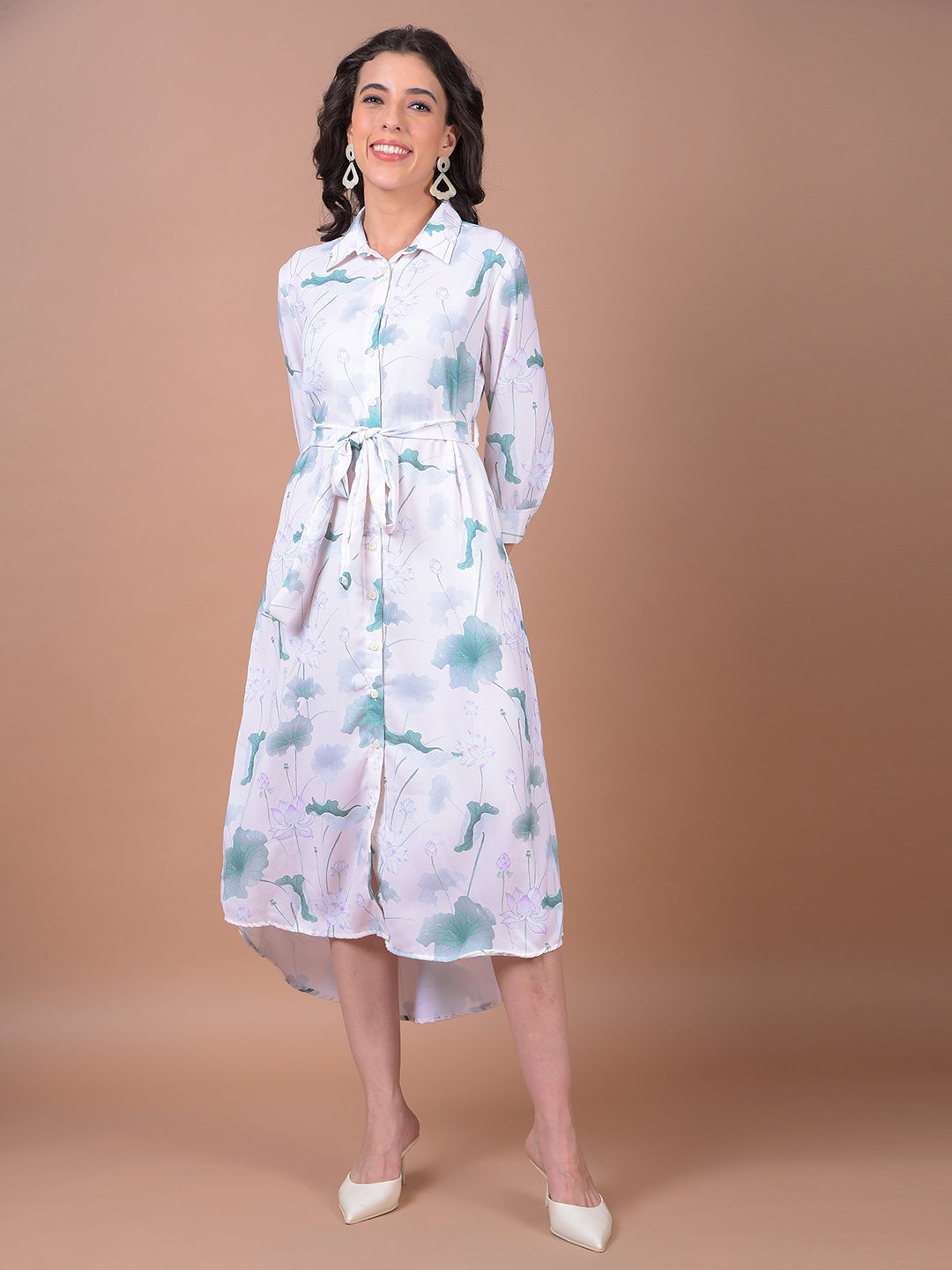 Green Floral Print Belted Shirt Dress