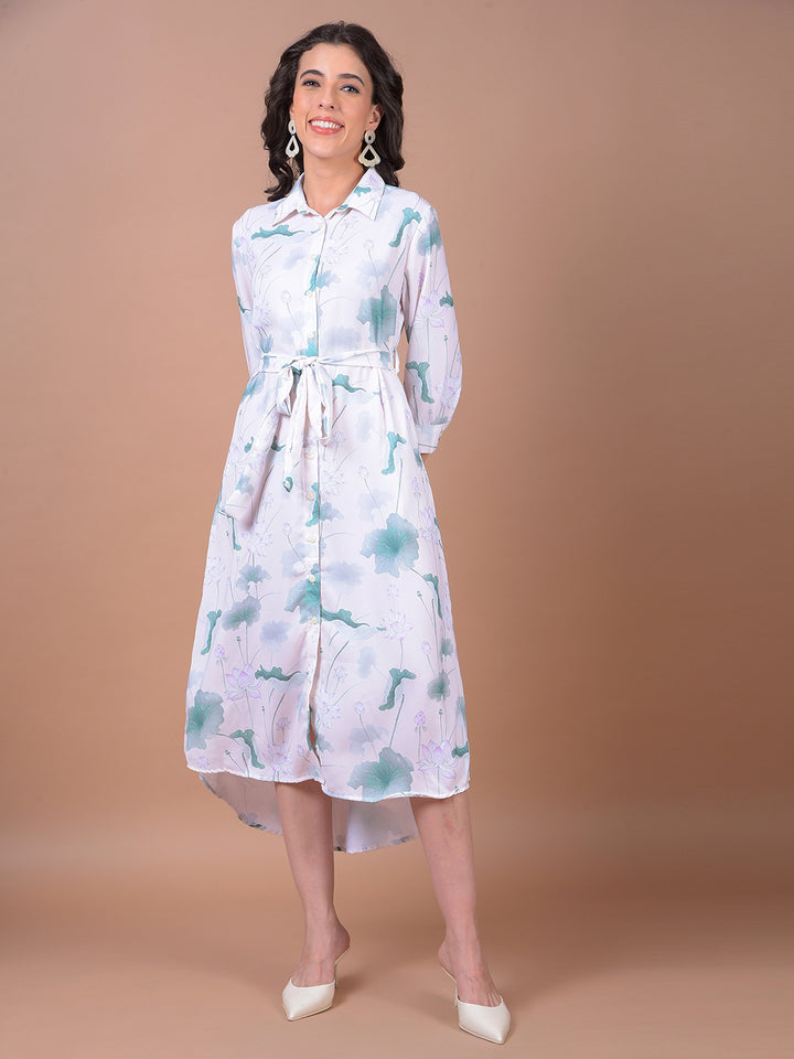Green Floral Print Belted Shirt Dress