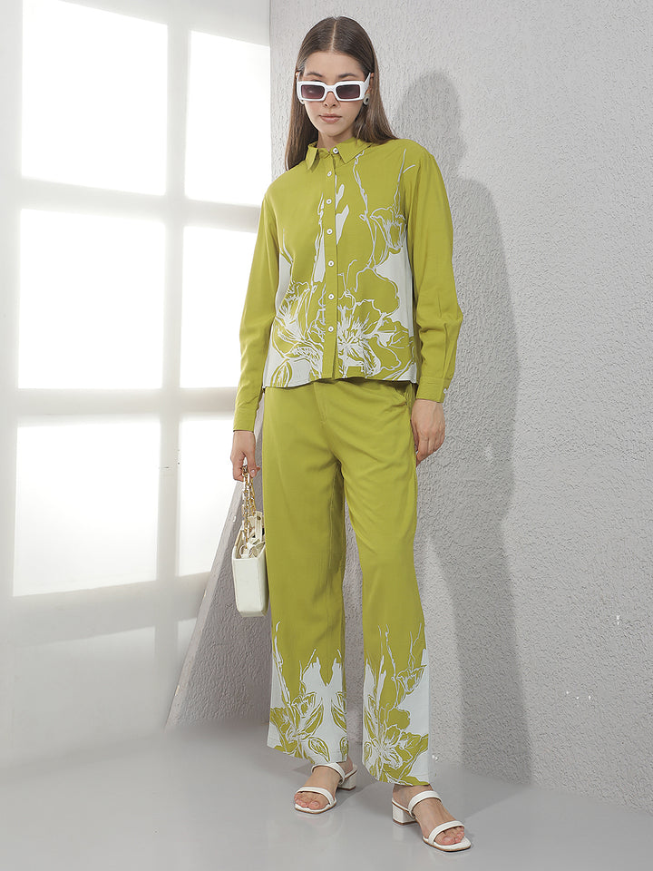 Green Floral Print Casual Trousers