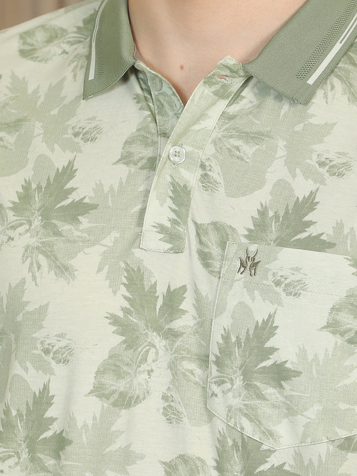 Green Floral Print Polo Neck T-Shirt