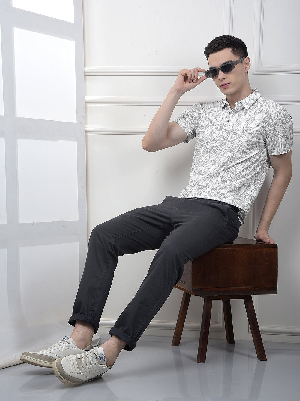 Grey Printed Polo Neck T-Shirt-Men T-Shirts-Crimsoune Club