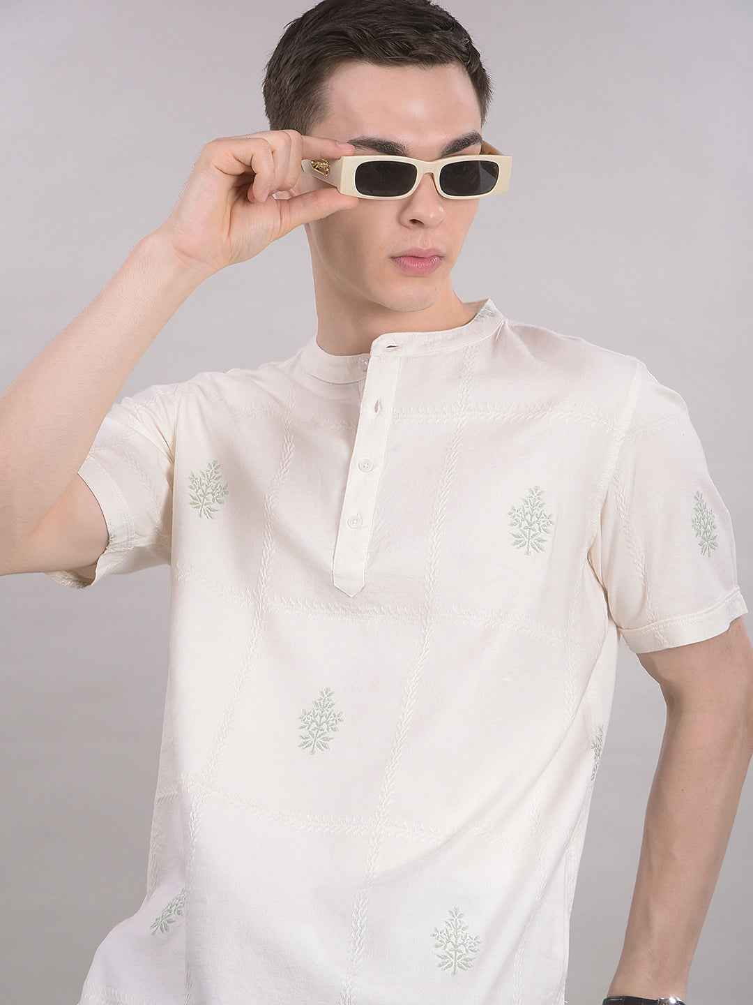 Cream Floral Print 100% Cotton Kurta