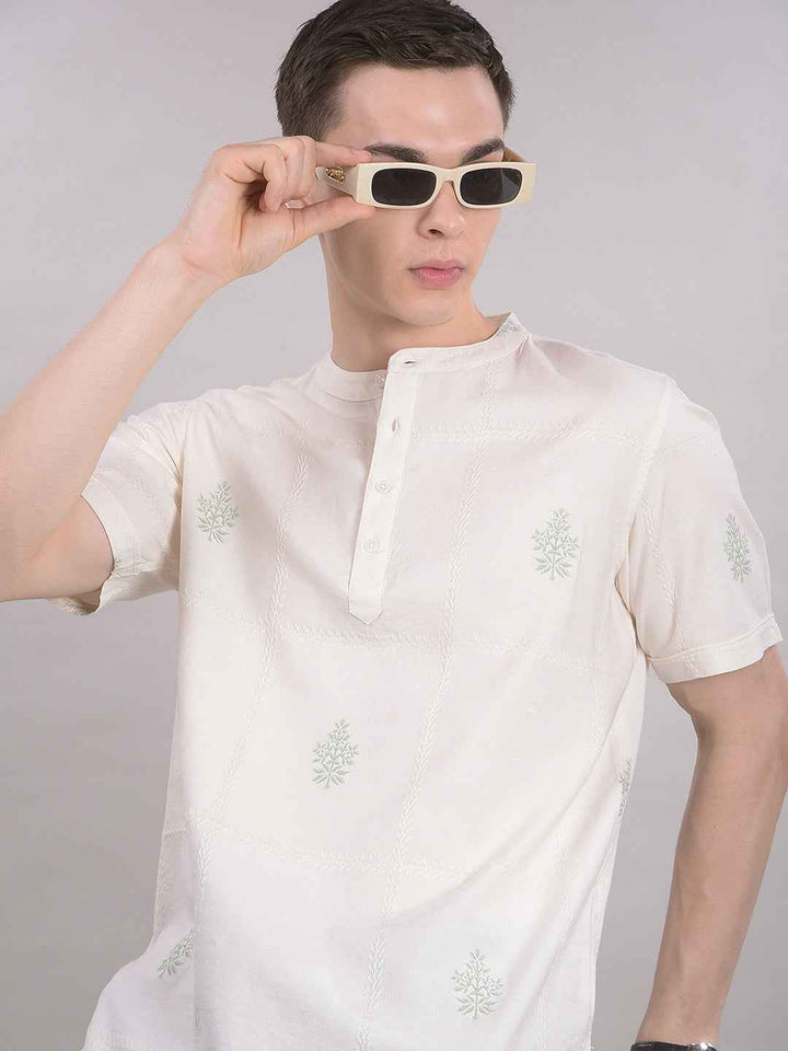 Cream Floral Print 100% Cotton Kurta