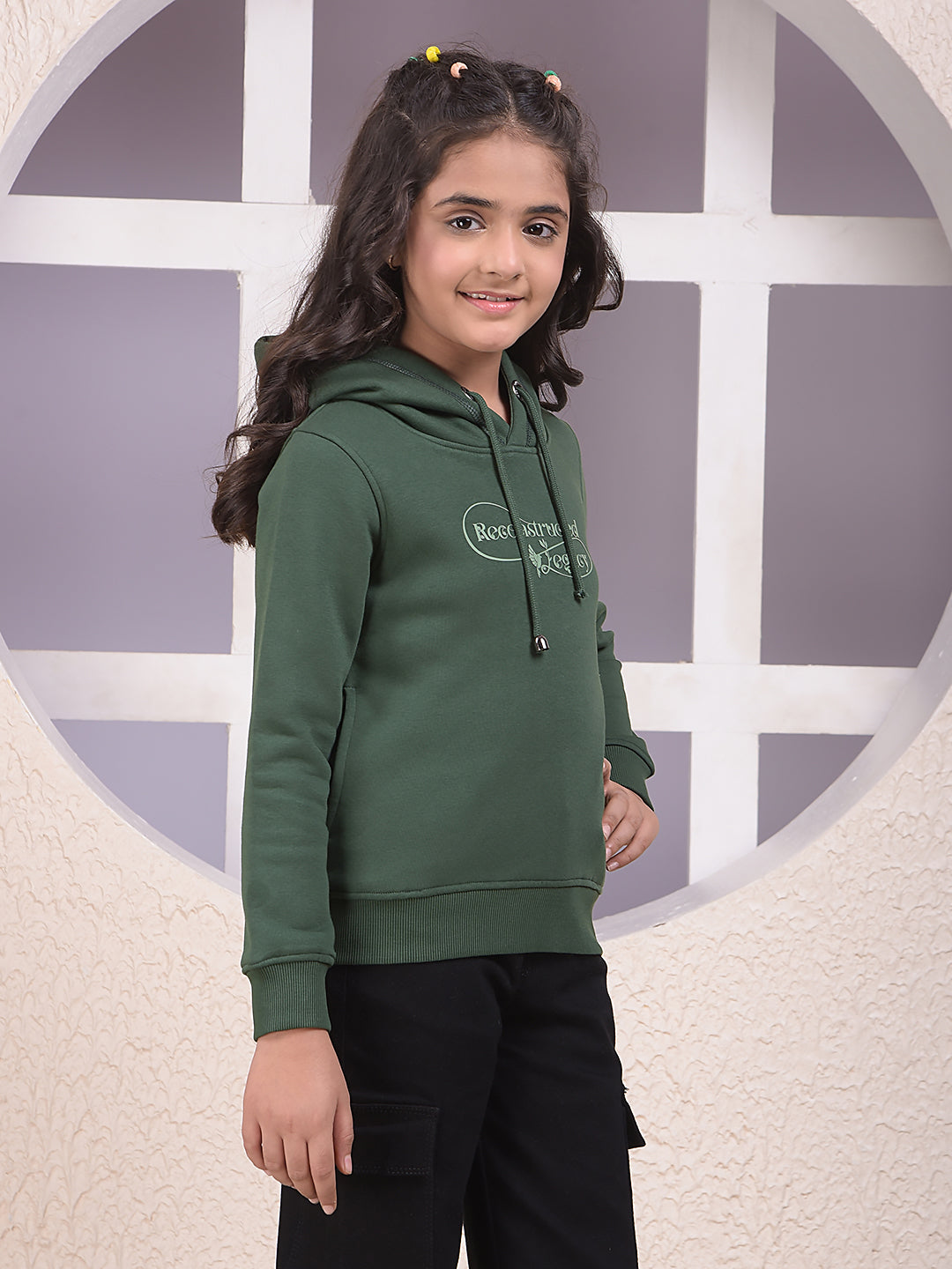 Green Typographic Print Hooded Neck Sweatshirt