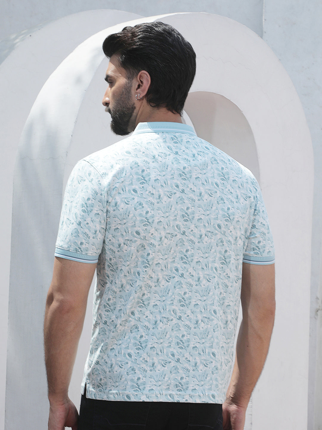 Blue Botanical Print Polo Neck T-Shirt