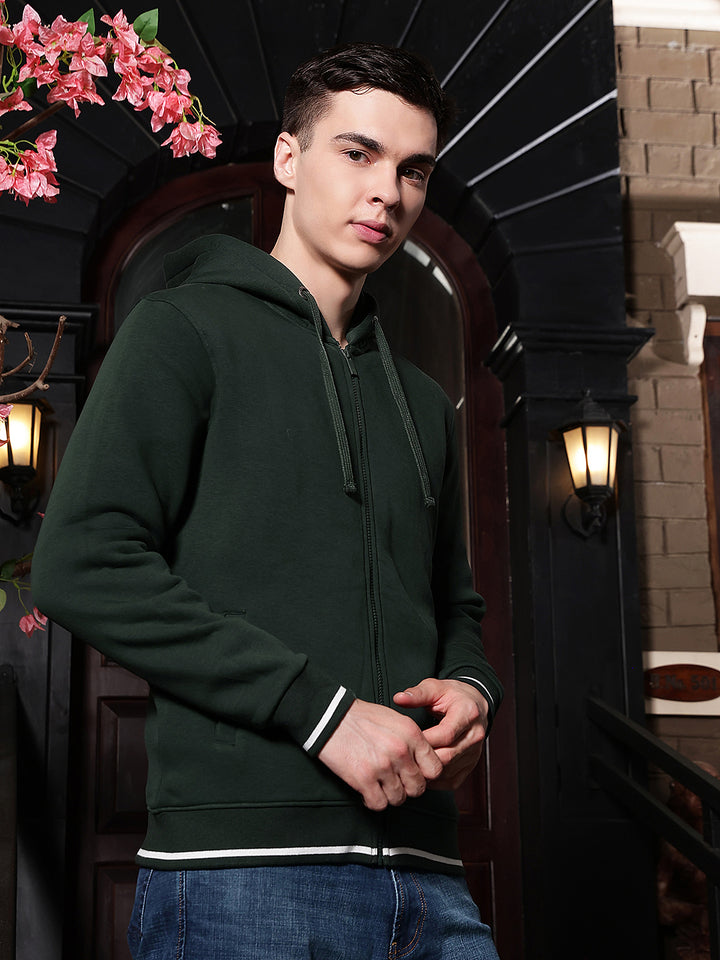 Green Hooded Neck Front Open Sweatshirt