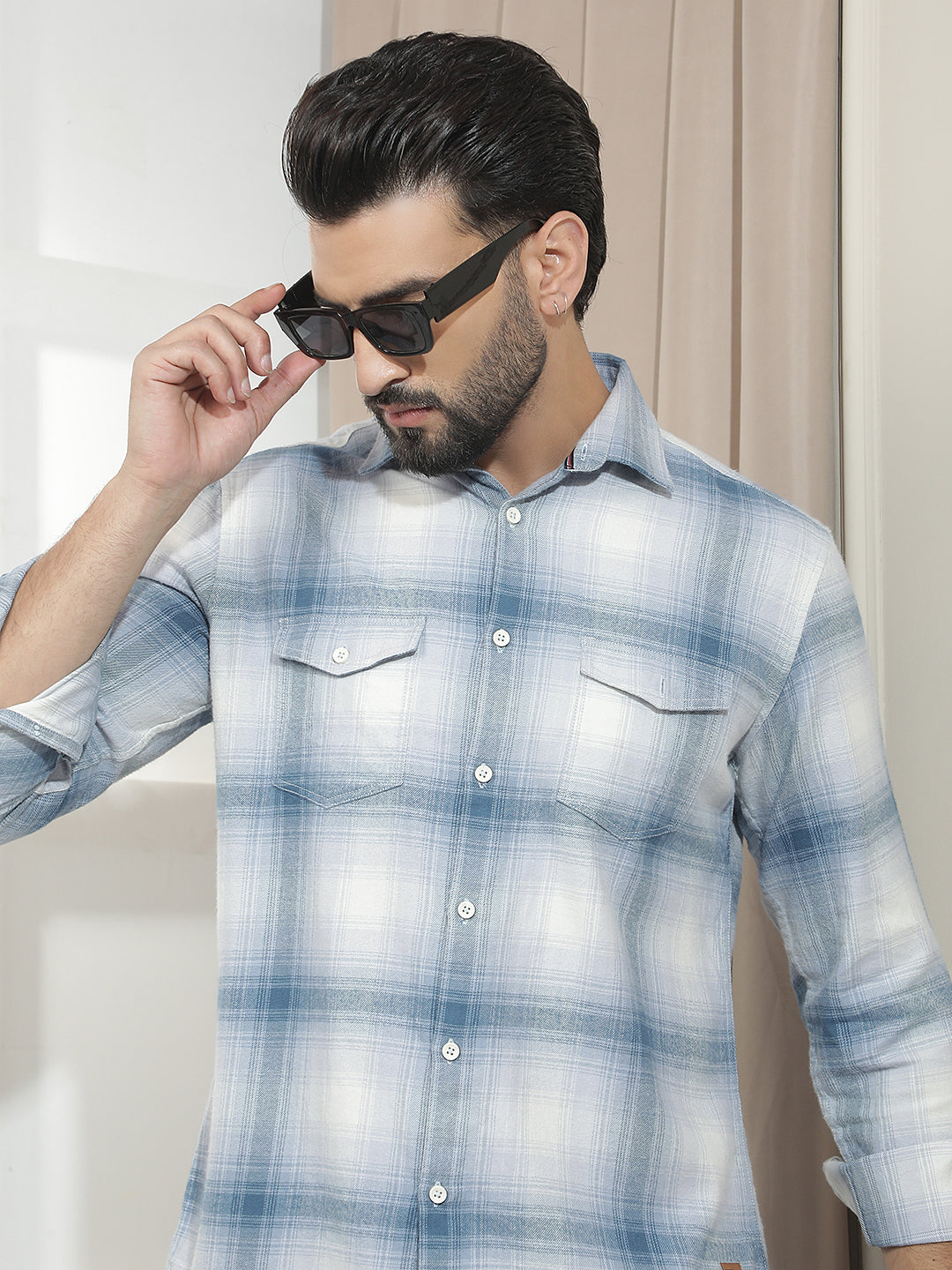 Blue Checked 100% Cotton Double Pocket Shirt