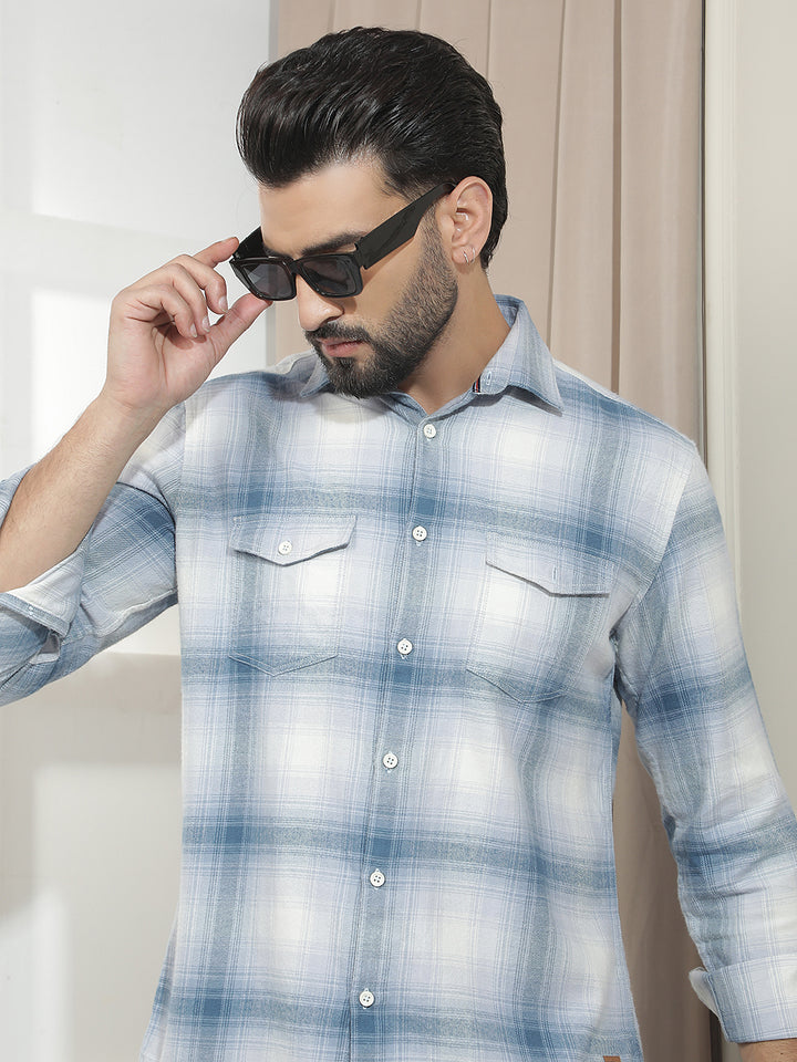 Blue Checked 100% Cotton Double Pocket Shirt