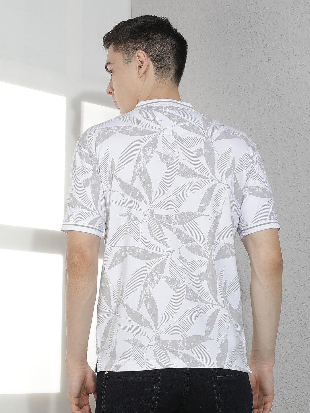 White Floral Print Polo Neck T-Shirt
