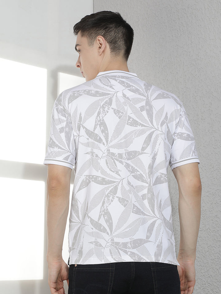White Floral Print Polo Neck T-Shirt