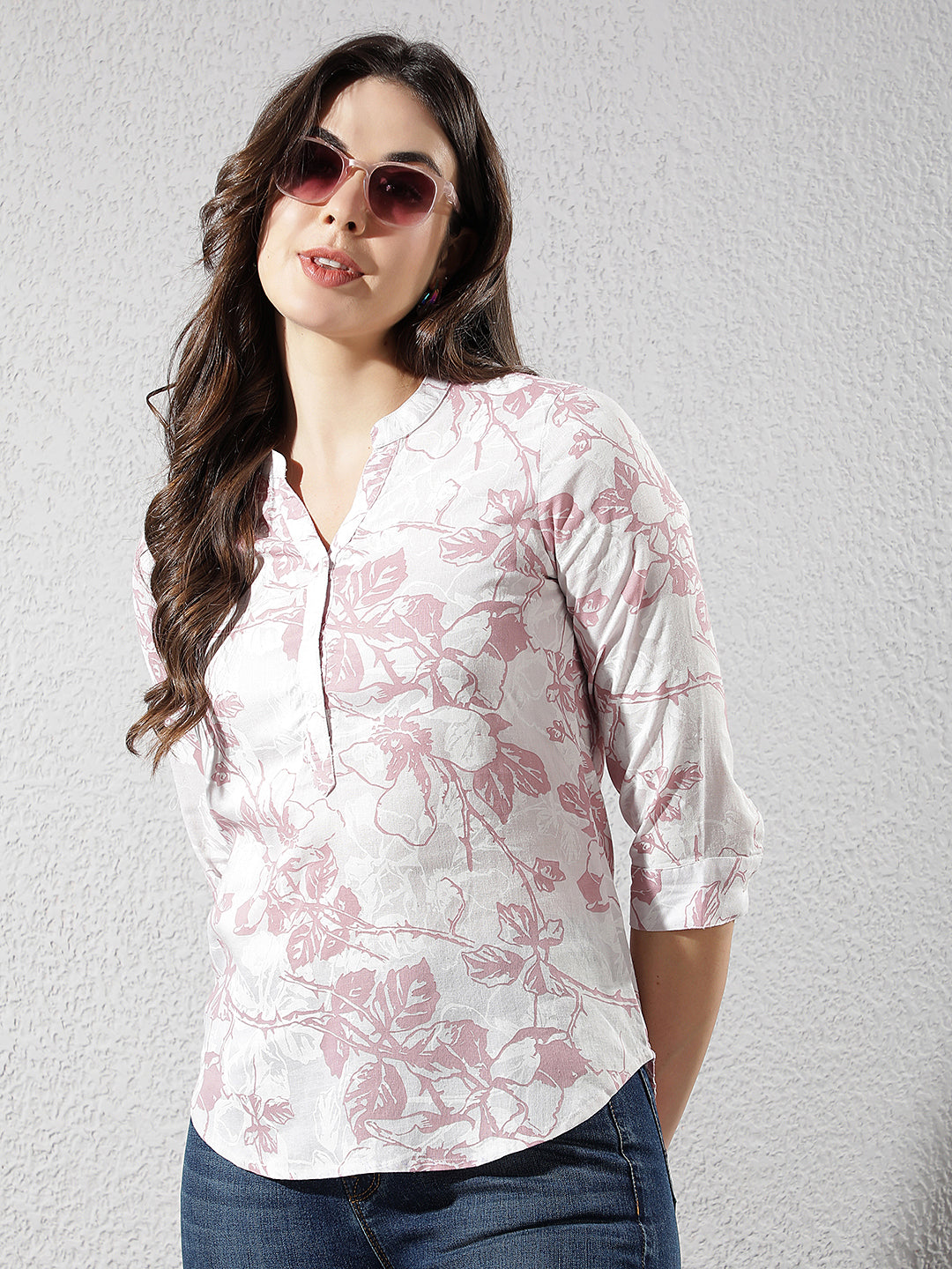 Pink Floral Print V-Neck Linen Top