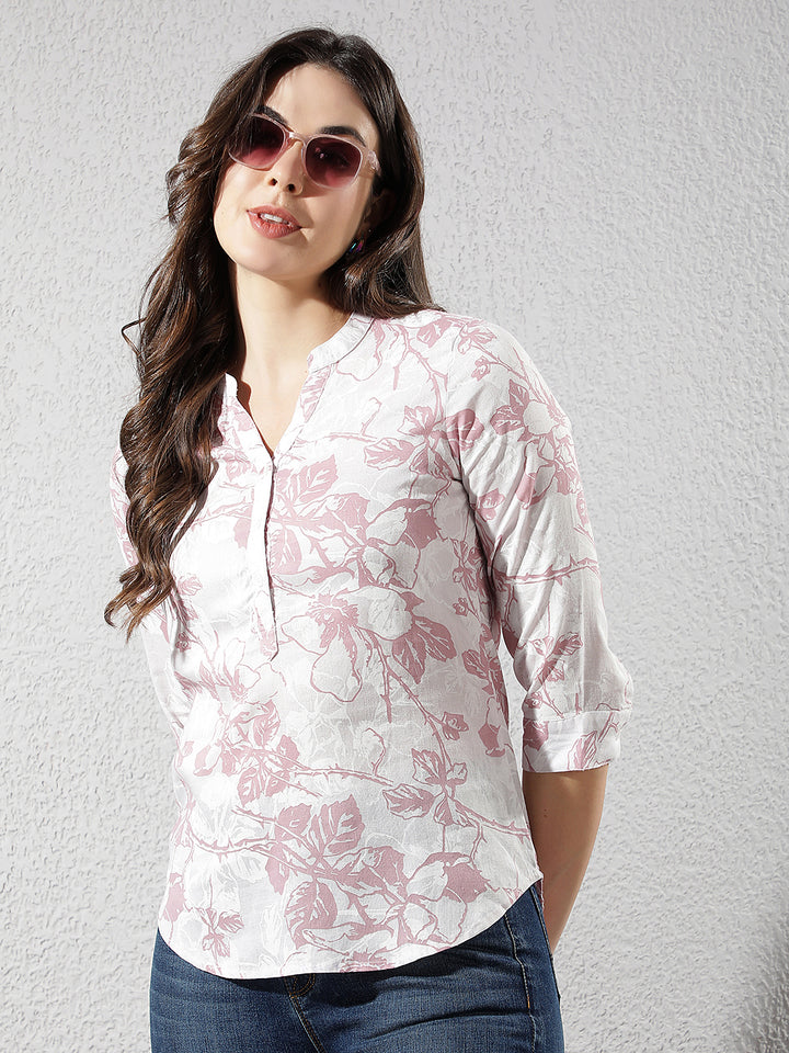 Pink Floral Print V-Neck Linen Top