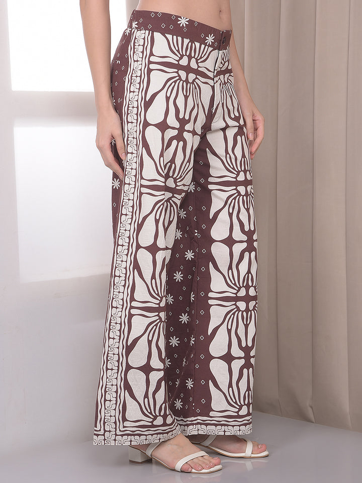 Brown Print Wide Leg Trousers