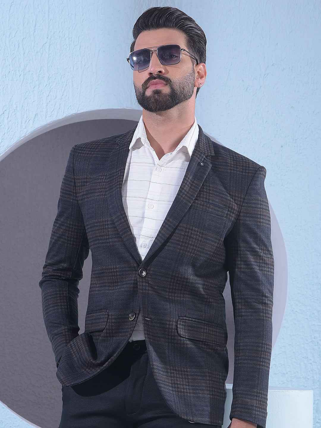 Brown Checked Notched Lapel Single Breasted Blazer