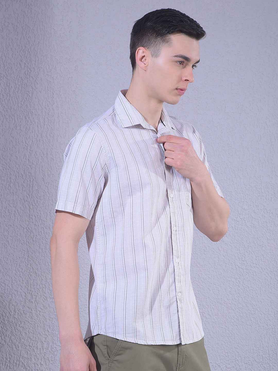 Beige Vertical Striped 100% Cotton Shirt