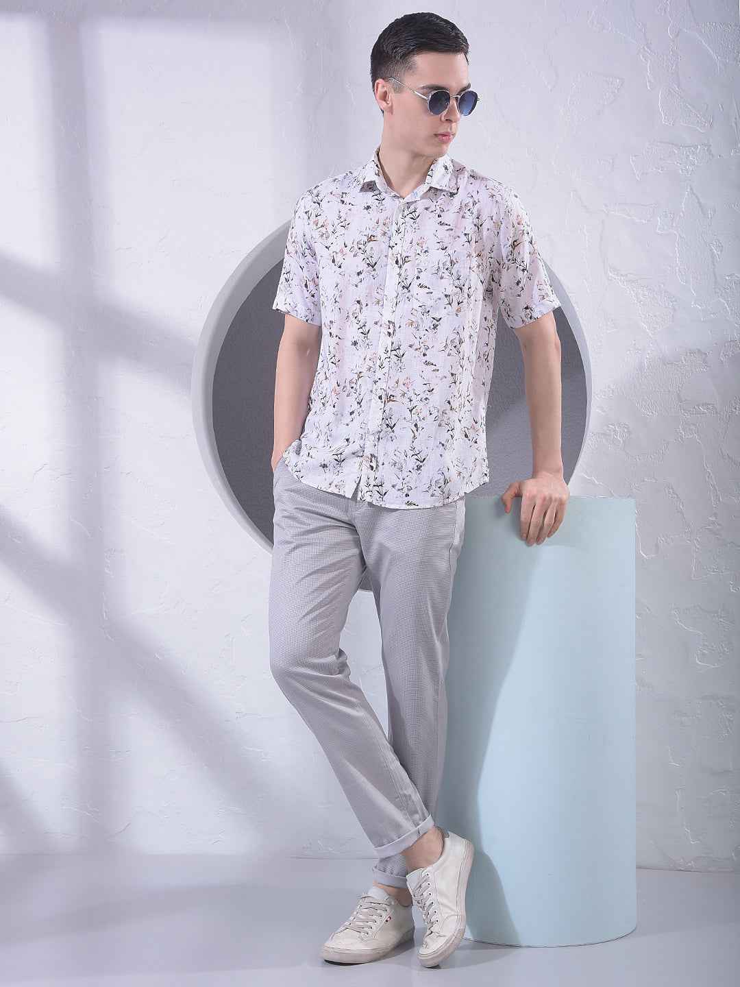 Brown Floral Print Linen Shirt