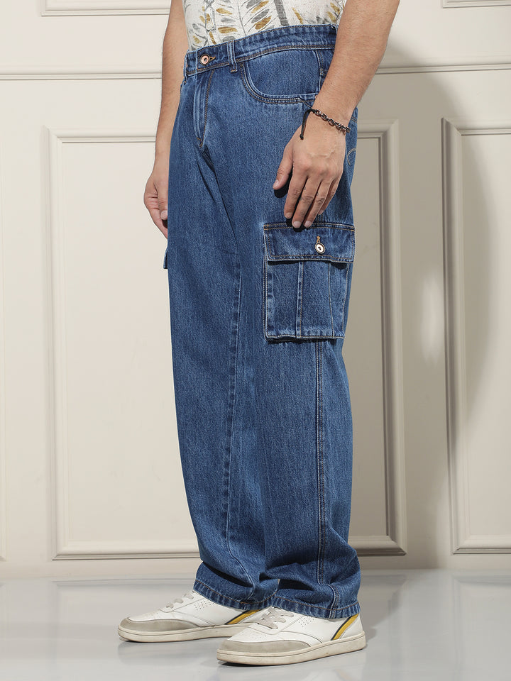 Navy Blue 100% Cotton Cargo Jeans