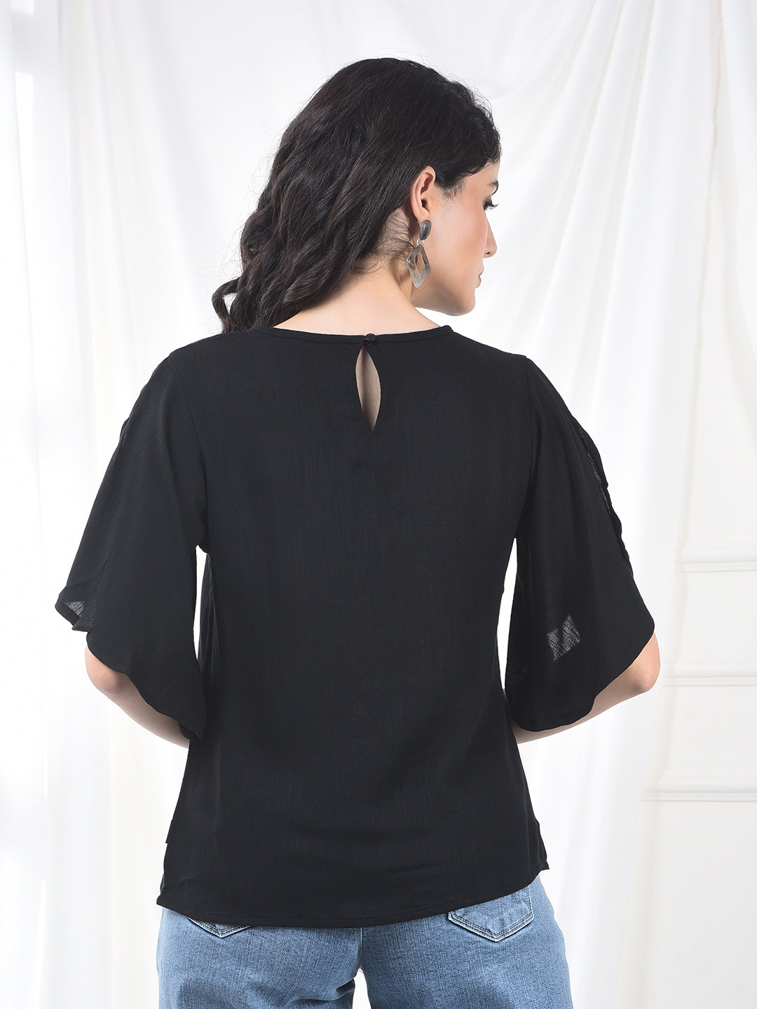 Black Crepe Flutter Sleeve Top