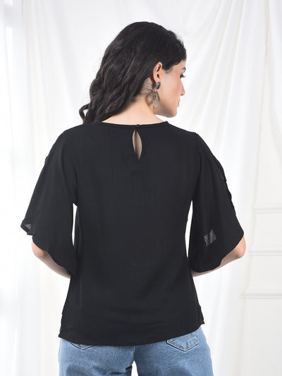Black Crepe Flutter Sleeve Top