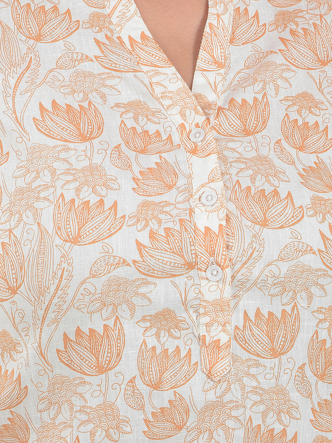 Orange Floral Print V-Neck Linen Top