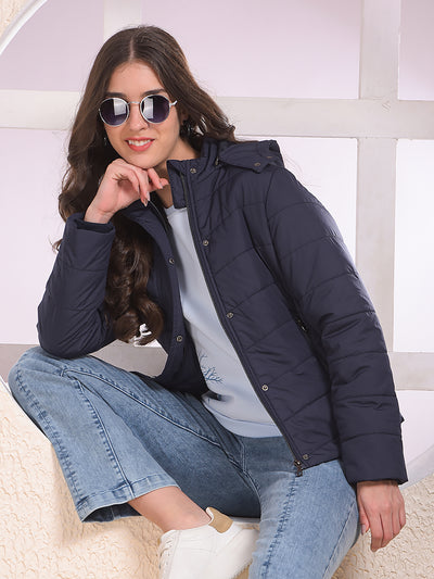 Navy Blue Hooded Neck Puffer Jacket