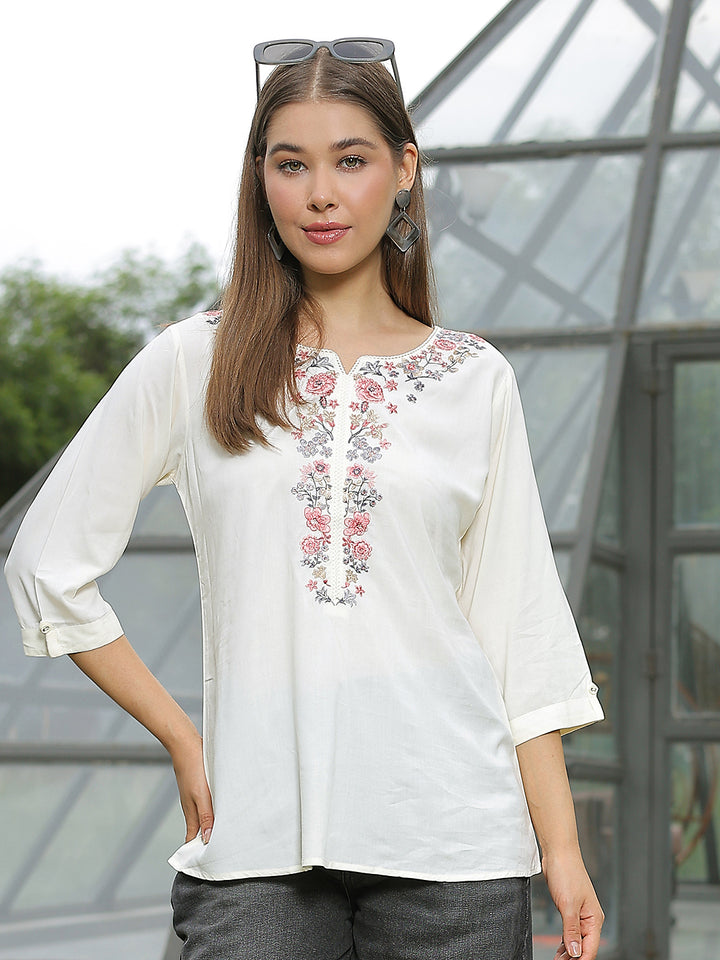 White Embroidered Crew Neck Top