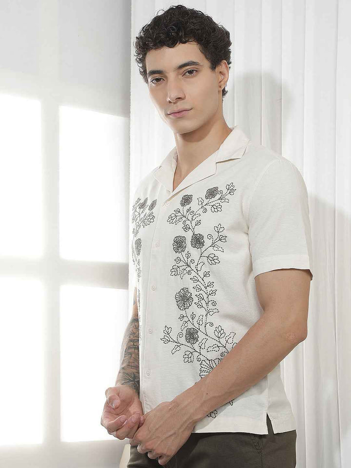 Beige Floral Cuban Collar Linen Shirt