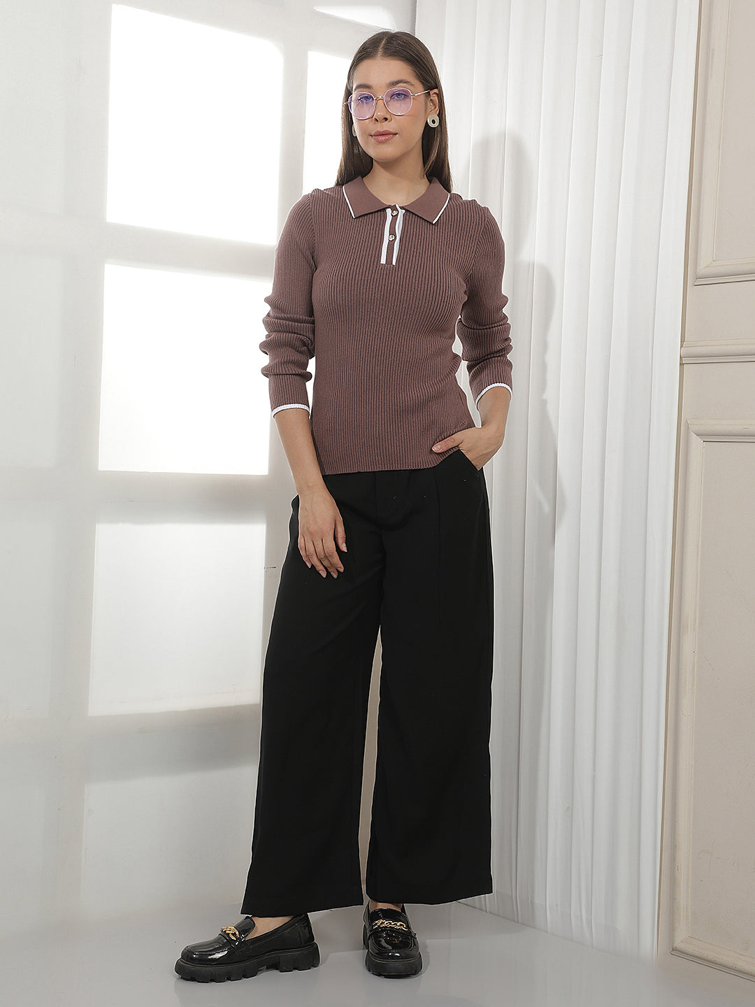 Brown Jacquard Polo Neck T-Shirt