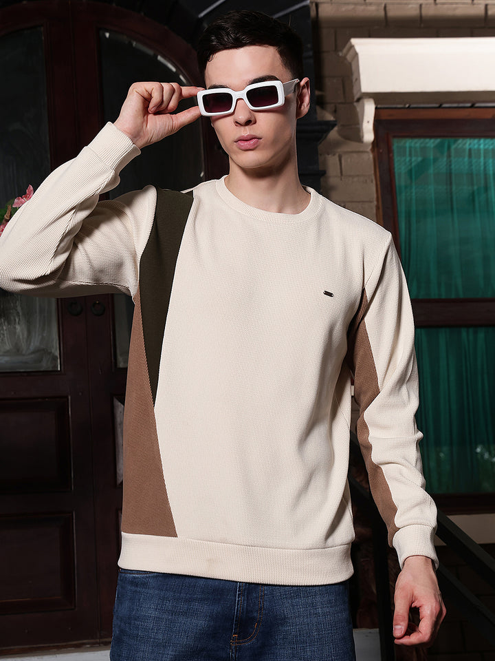 Sleek Dune Beige Color-Block Sweatshirt