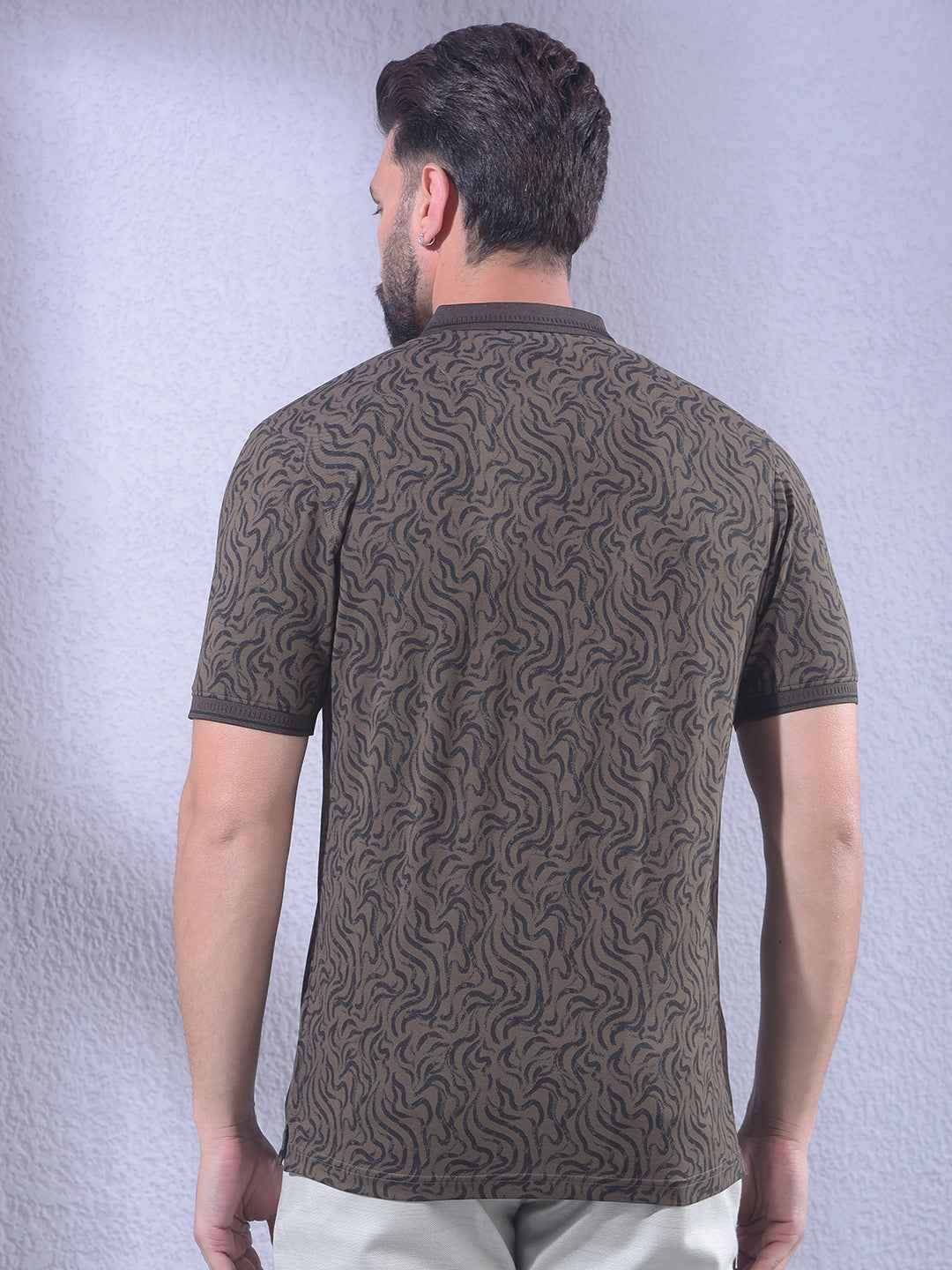 Brown Abstract Print Polo Neck T-Shirt
