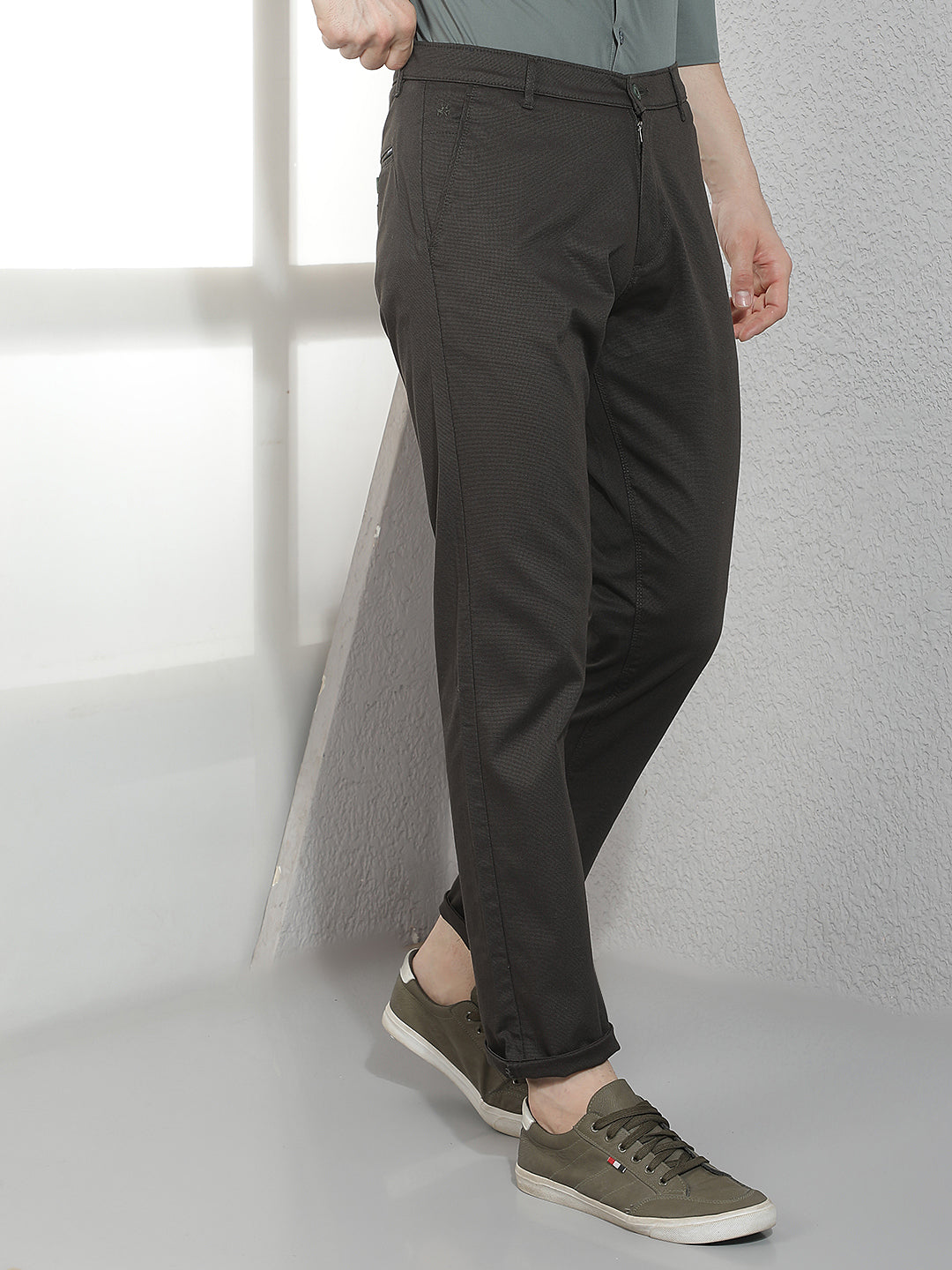 Midnightflex Slim Dobby Olive Trousers-Men Trousers-Crimsoune Club