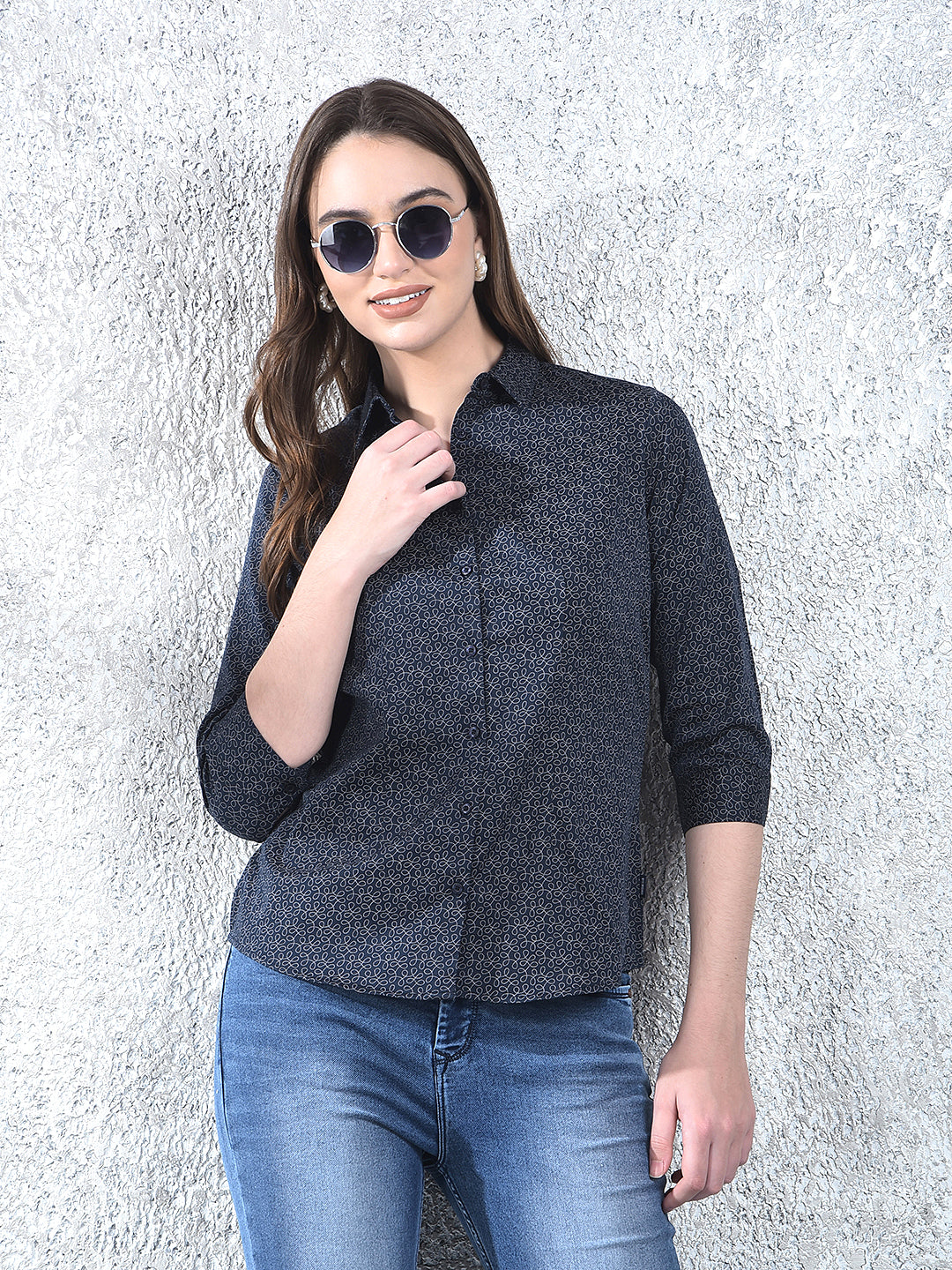 Printed Navy Blue Shirt-Women Shirts-Crimsoune Club