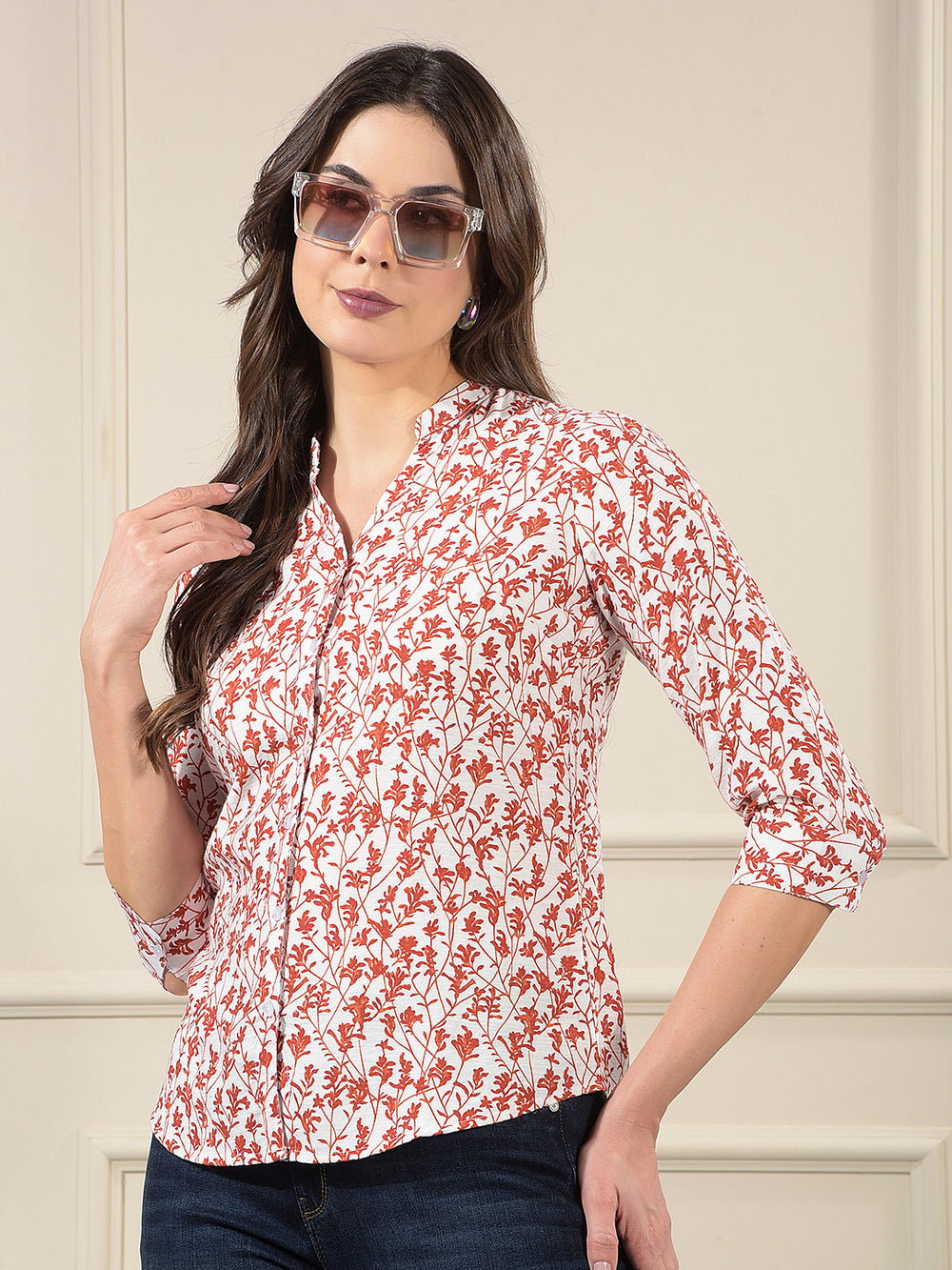 Red Floral Print V-Neck Shirt