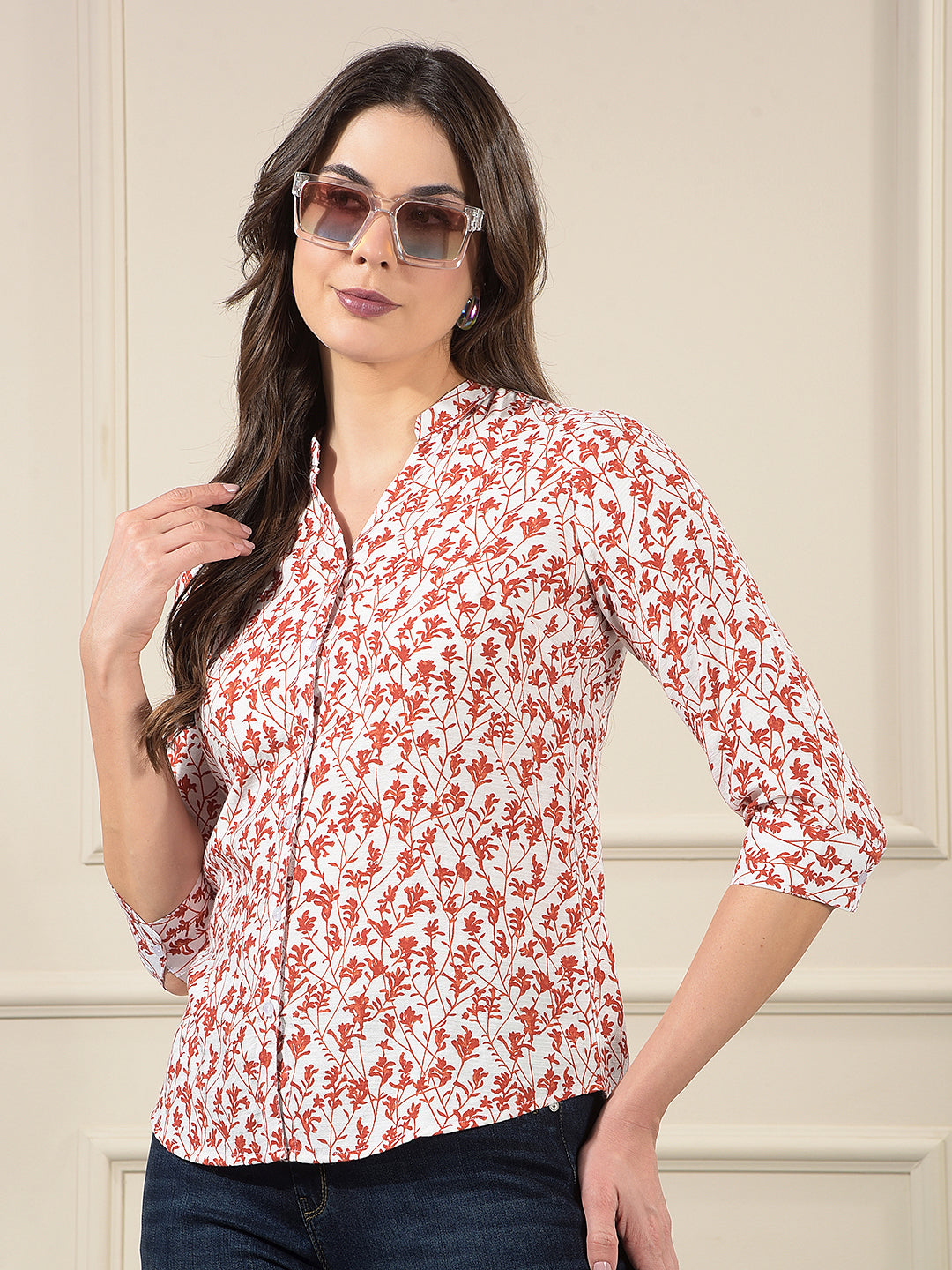 Red Floral Print V-Neck Shirt