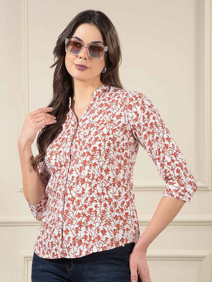 Red Floral Print V-Neck Shirt