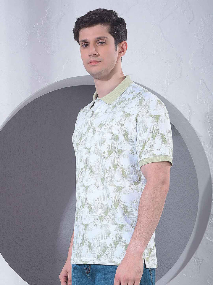 Green Printed Polo Neck 100% Cotton T-Shirt