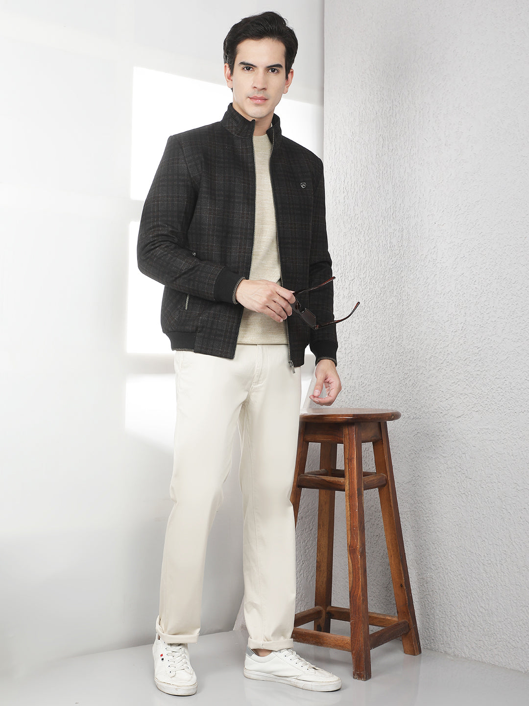 Brown Checked Bomber Jacket