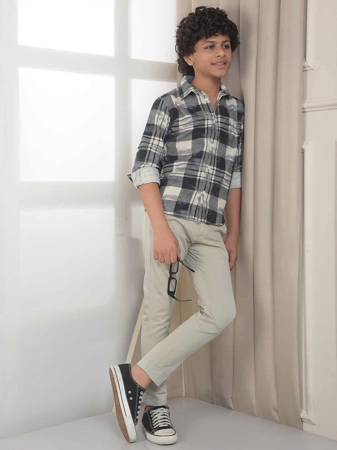 Blue Checked 100% Cotton Corduroy Shirt