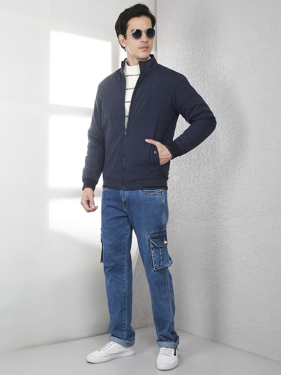 Navy Blue Checked High Neck Puffer Jacket