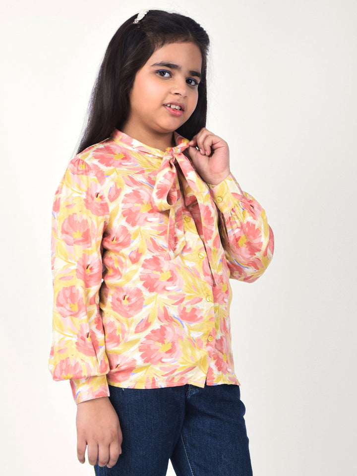 Orange Floral Print Tie-Up Neck Shirt