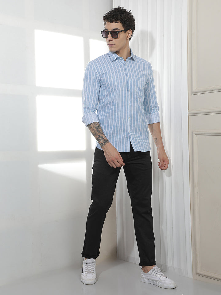 Blue Vertical Striped 100% Cotton Shirt