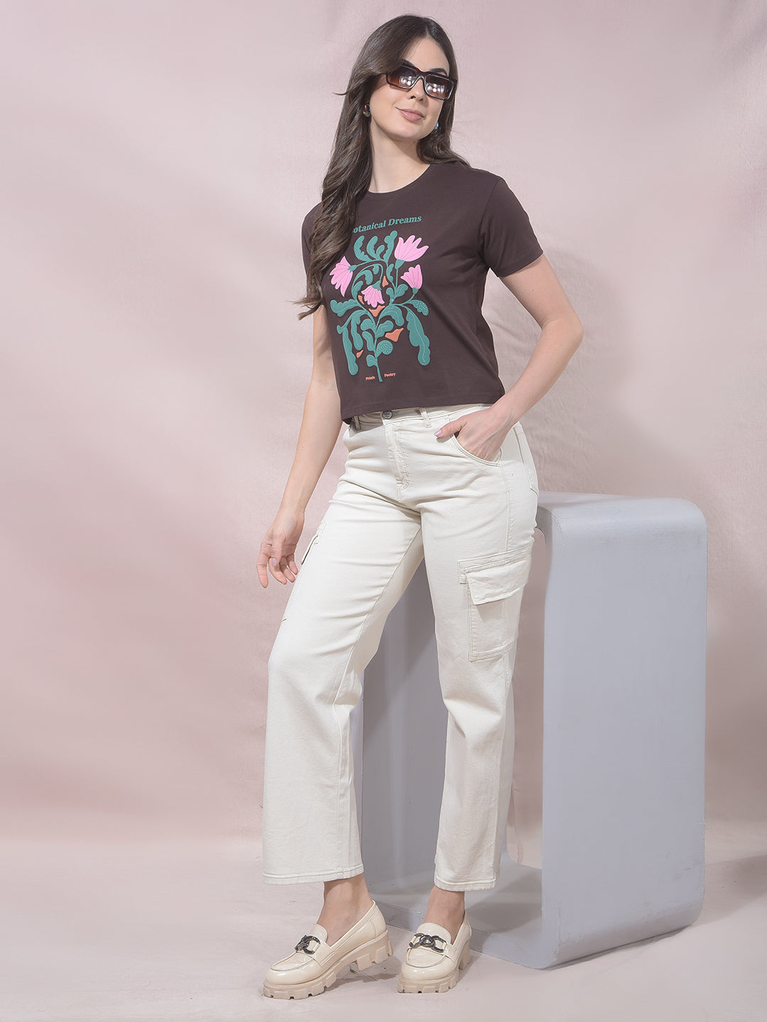 Brown Floral Print Cropped T-Shirt